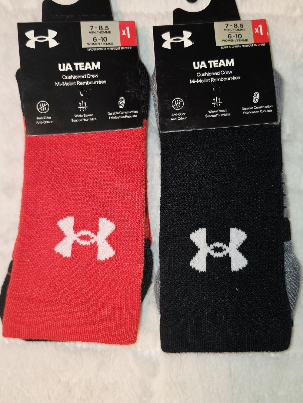2 Pairs Under Armour UA Team Cushioned Crew Socks - Red & Black